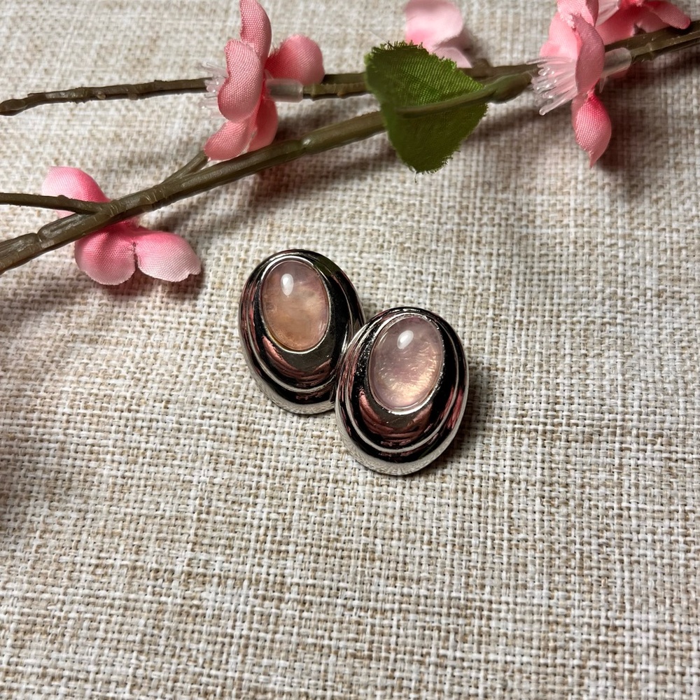 Silver Oval Stud Earrings with Light Pink Stones | Minimalist Feminine
